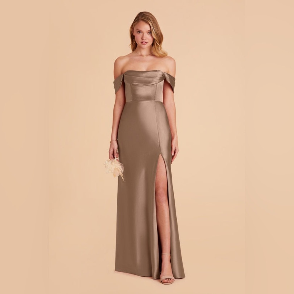 Birdy Grey Off-Shoulder Taupe Maxi Dress